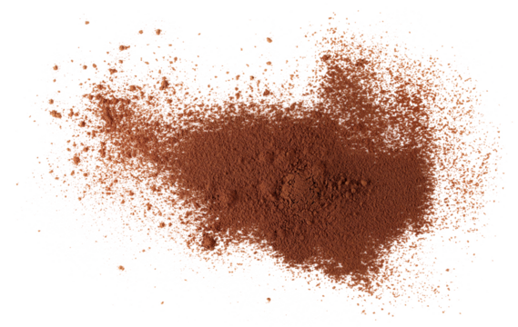  Pile ground cocoa, powder isolated on white background, top view, clipping path