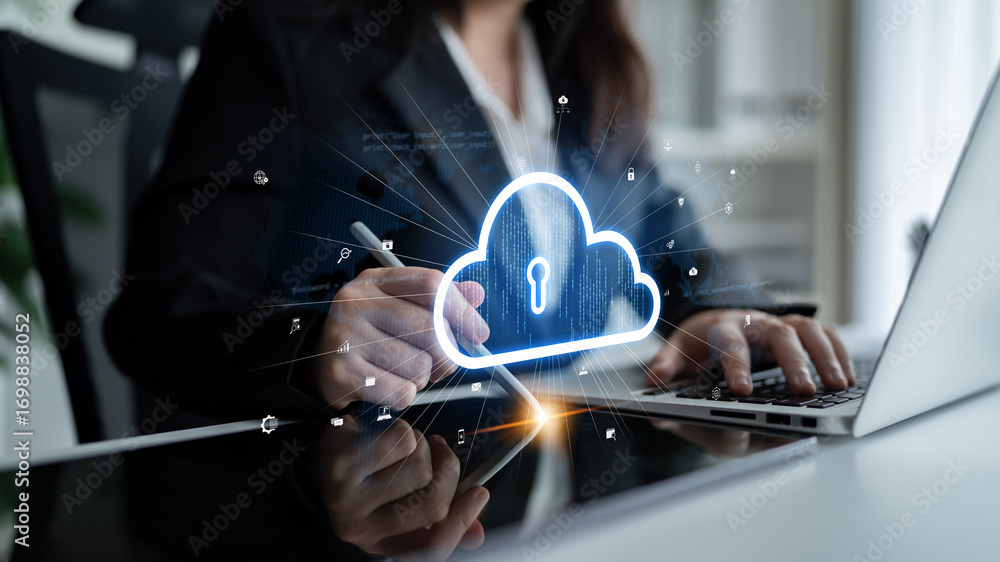Poster cloud computing enables digital growth with secure data storage, scalable infrastructure, and strate