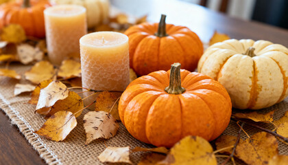 Autumn decor featuring pumpkins, candles, and leaves on a rustic table for a cozy seasonal atmosphere