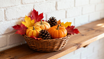 Fall decoration with pumpkins, pinecones, and autumn leaves on a wooden shelf against a white brick wall