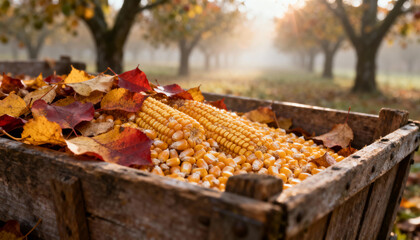 Autumn harvest of corn with fallen leaves in a tranquil orchard at sunrise