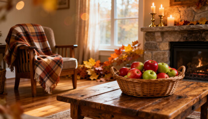 Cozy autumn living room with warm colors, a basket of apples, and a glowing fireplace during fall