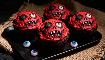 Colorful spooky monster cupcakes decorated with red frosting and candy eyes for Halloween party treats