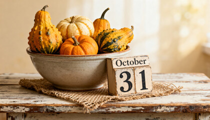 Colorful gourds and pumpkins arranged in a bowl with an October 31 calendar on a rustic wooden table
