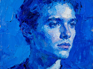 Expressive blue portrait of a young man showcasing vibrant brush strokes and emotional depth in an art gallery setting