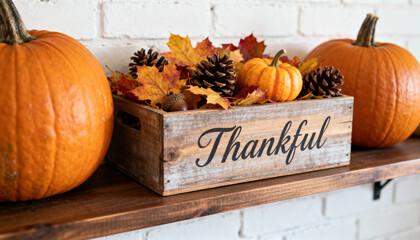 Decorative autumn display featuring pumpkins, pine cones, and colorful leaves with a thankful message in a rustic setting