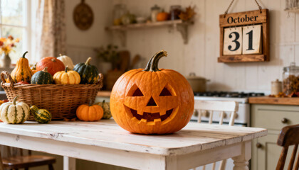 Celebrating Halloween with a carved pumpkin and autumn harvest decor in a cozy kitchen