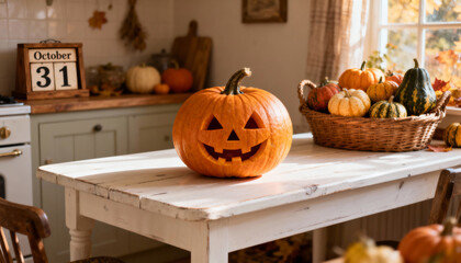 Festive kitchen decorated for Halloween with carved pumpkin and autumn gourds on display