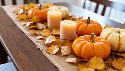Fall decoration featuring pumpkins and candles on a wooden table during the autumn season