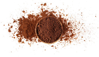 Pile ground cocoa in wooden bowl, powder isolated on white background, top view, clipping path