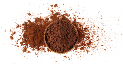Pile ground cocoa in wooden bowl, powder isolated on white background, top view, clipping path