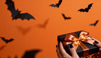 Celebrating Halloween with a spooky gift box adorned with orange ribbon against a bat-themed backdrop