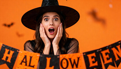 Excited woman in witch costume holding hands on face during Halloween celebration with orange backdrop