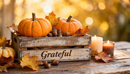 Decorative pumpkin centerpiece with autumn leaves and candles for a cozy fall celebration
