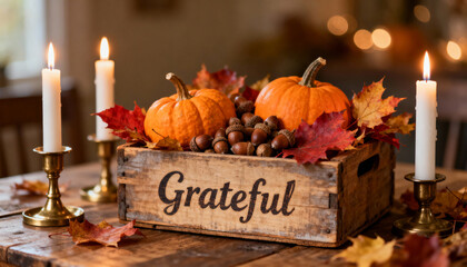 Decorative autumn display with pumpkins, acorns, and candles creating a cozy atmosphere for Thanksgiving celebration