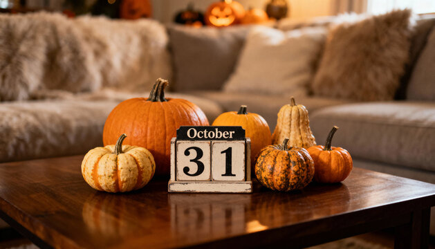 Cozy living room decorated with pumpkins and a calendar marking October 31 for Halloween festivities