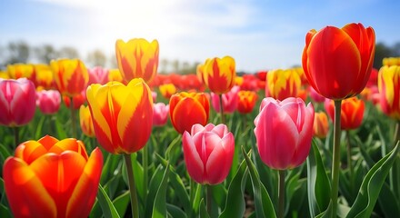Vibrant Red and Yellow Tulips Blooming in a Sunlit Field.