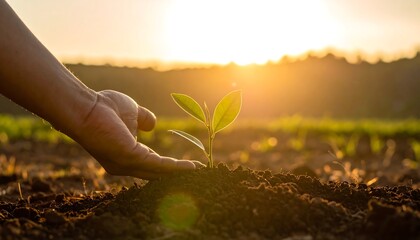 Hand planting a seedling at sunrise