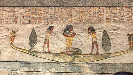 Relief of divine bark with figures in Tomb of Ramesses IV, Valley of the Kings © Mihir Joshi