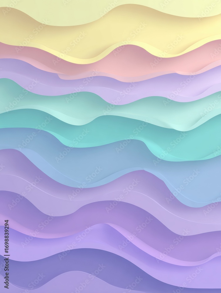 Poster colorful layers of wavy pastel textures create a serene and calming visual in an abstract format, pe