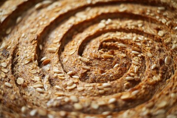 Freshly baked swirl bread with seeds displayed on a wooden surface in a warm kitchen setting during morning hours