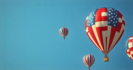 Obraz premium Hot Air Balloons With Patriotic Designs Float in a Bright Blue Sky During the Day.