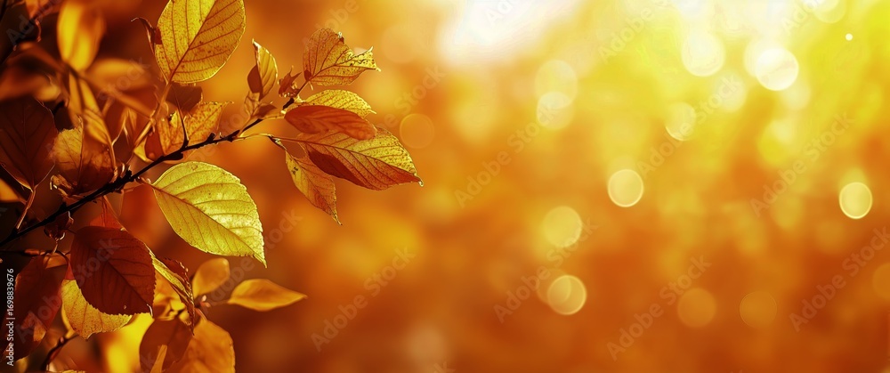 Poster Fall Foliage With Golden Sunlight Illuminating the Leaves and Creating Bokeh