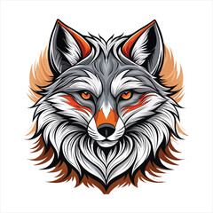 Stylized Grey Fox Head, Fierce Expression, Orange Accents, Vector Illustration, Wildlife Art, Intricate Detail, Bold Graphic Design