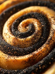 Cinnamon roll topped with poppy seeds placed close-up on a wooden surface in a cozy kitchen setting during morning preparations