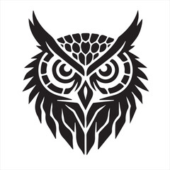 Tribal Owl Head:  Bold Black and White Vector Illustration, Mystical and Powerful Design