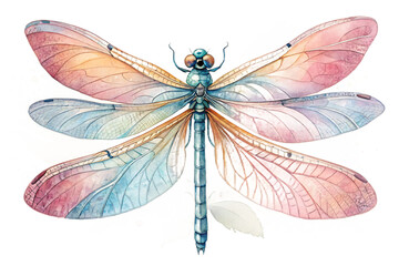 Watercolor dragonfly isolated on transparent background, showcasing delicate wings with pastel hues of pink, blue, and orange, creating a whimsical and ethereal insect illustration