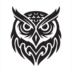 Tribal Style Owl Head, Monochrome Vector Illustration, Powerful and Mysterious Design