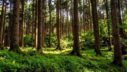 Obraz premium Sunlight filtering through a dense forest (3)