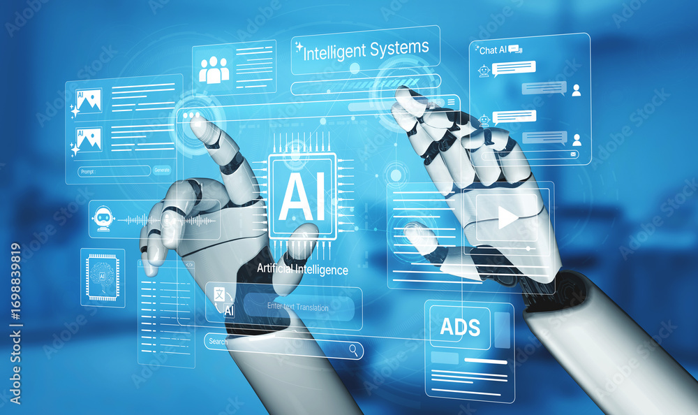 Poster ai brain processes big data with generative ai, llms, and machine learning to support business decis