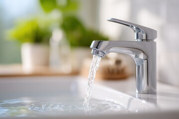 Modern chrome faucet with flowing water in a sink