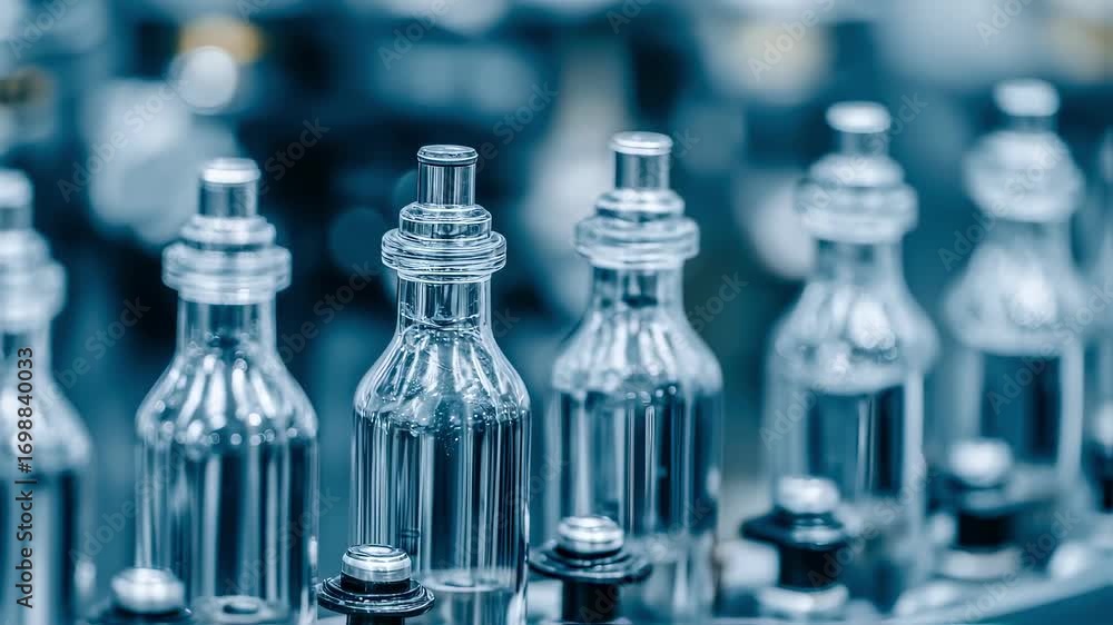 Poster medium view of synchronized filling nozzles dispensing liquid into bottles foreground crisp and back