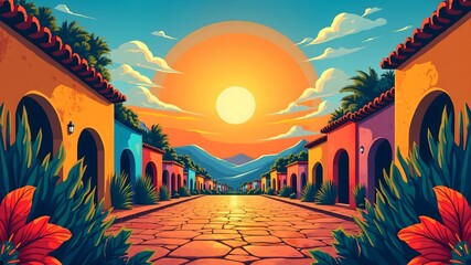 ancient chinese temple . National Day of El Salvador sale banner design free space in the center. Mexican muralists style