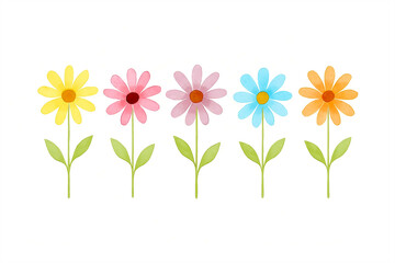 Fototapeta premium A row of five colorful watercolor daisy flowers with green stems and leaves on a white background