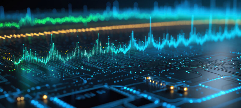 Glowing Waveform Signals over Electronic Circuit Board