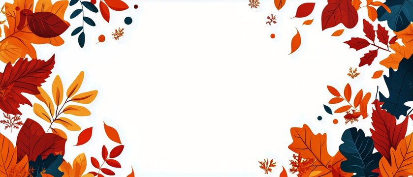 Autumn Foliage Border With Falling Leaves in Red, Orange and Blue for Thanksgiving
