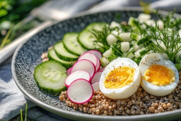 Colorful garden salad featuring boiled eggs, fresh vegetables, and grains on a textured plate outdoors in natural sunlight