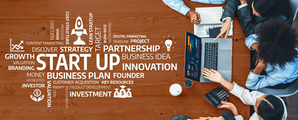 Panorama top view multiracial analyst team use BI dashboard display on laptop screen, analyzing financial data for strategic decision. Fintech analyzes marketing indicators. Concord Amity