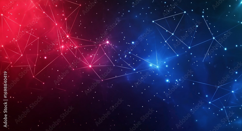 Poster abstract data connections with blue and red gradients on a dark background at night.