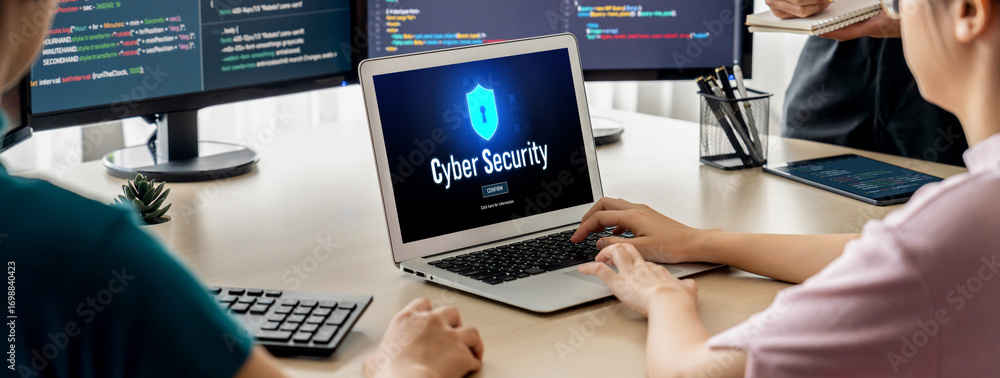 Aufkleber cyber security system on computer screen protect private information brisk from hacker and cyber att