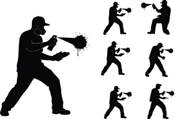 Graffiti spray painting silhouette set, street art spray can vector, urban artist with mask, spray paint illustration for design.