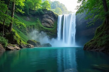 Fototapeta premium Serene waterfall cascading into a tranquil waterfront, surrounded by lush greenery and mist Perfect for travel, nature, and relaxation themes , cliff, nature