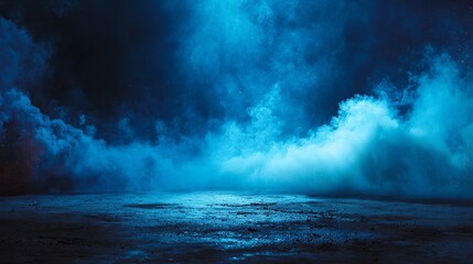 Mysterious ethereal blue smoke billows across a dark, textured ground creating an atmospheric, dramatic scene perfect for conceptual use