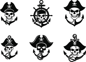 Pirate Skull Anchor Emblems Vector Set with Nautical Symbols, Helm, Hats, and Vintage Pirate Theme for Tattoo or Logo Design