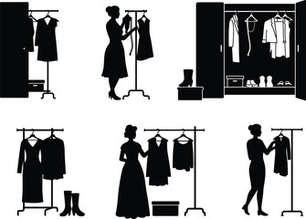 Silhouette Vector of Women Organizing Wardrobe and Clothing Racks with Dresses, Closet Fashion Design Elements for Apparel and Boutique Art