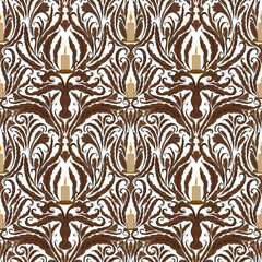 Vintage seamless pattern, wooden texture, candles on transparent background